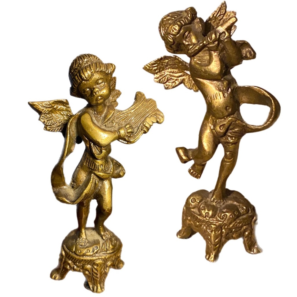 intage brass cherubs set flute and violin/harp